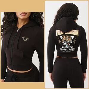 NEW True Religion Tiger Logo Zip‎ Hoodie Black Cropped L Y2K Streetwear Trend